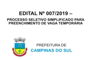 Edital N°: 007/2019 - PROCESSO SELETIVO SIMPLIFICADO PARA PREENCHIMENTO DE VAGA TEMPORÁRIA