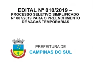 PROCESSO SELETIVO SIMPLIFICADO N° 007/2019 PARA O PREENCHIMENTO DE VAGAS TEMPORÁRIAS